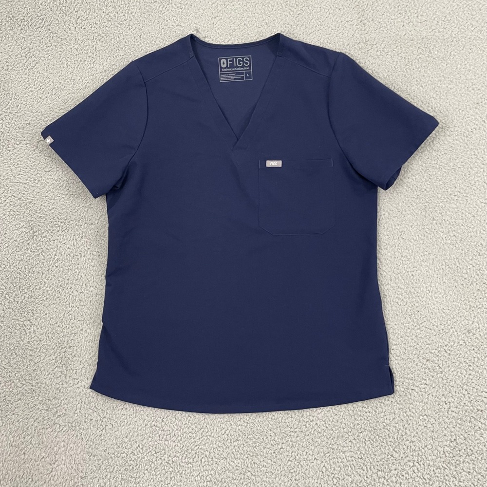 FIGS Technical Collection Scrub Top Women L Navy Blue V-Neck Healthcare Workwear